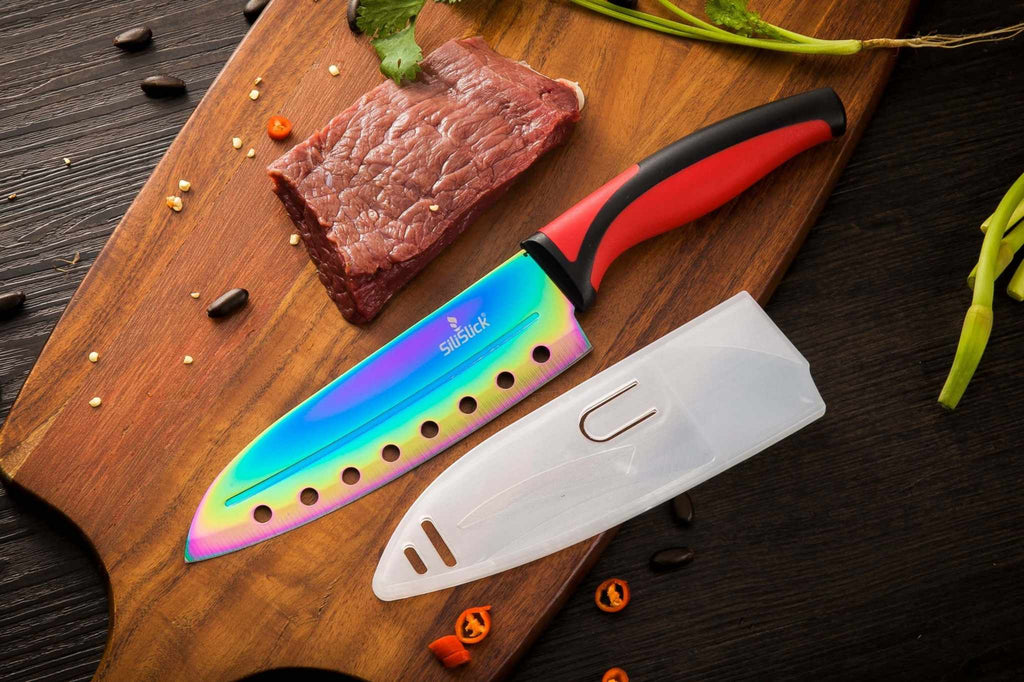 Kitchen Knife Set - Titanium Coated Blades - Red Handles