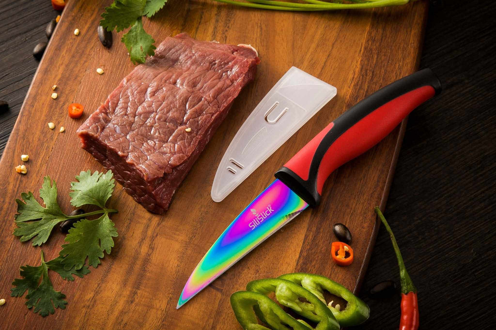 Kitchen Knife Set - Titanium Coated Blades - Red Handles