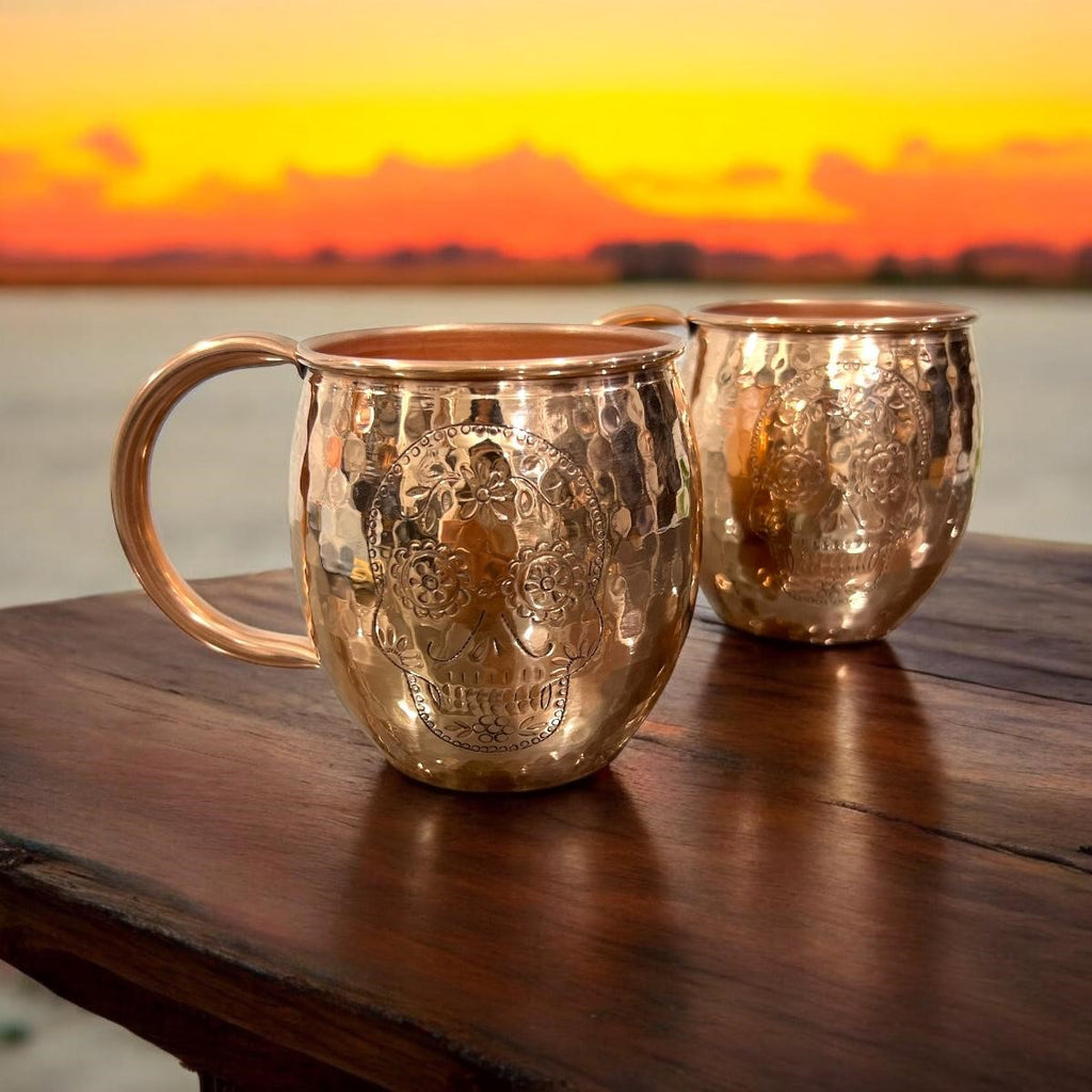 Set of Two Copper Barrel Mugs with Chiselled Skull (Day of the Dead), Hammered and Shiny Finish